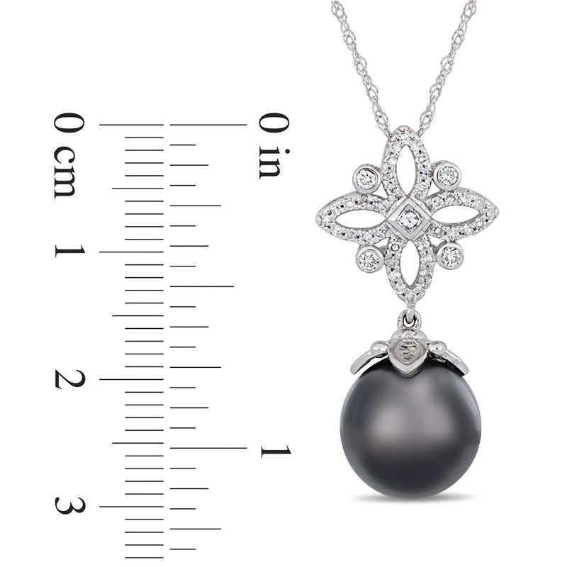 11.0 - 12.0mm Oval Black Cultured Tahitian Pearl and 0.25 CT. T.W. Natural Diamond Ornate Flower Pendant in 14K White Gold - 17"