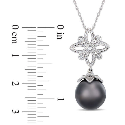 11.0 - 12.0mm Oval Black Cultured Tahitian Pearl and 0.25 CT. T.W. Natural Diamond Ornate Flower Pendant in 14K White Gold - 17"