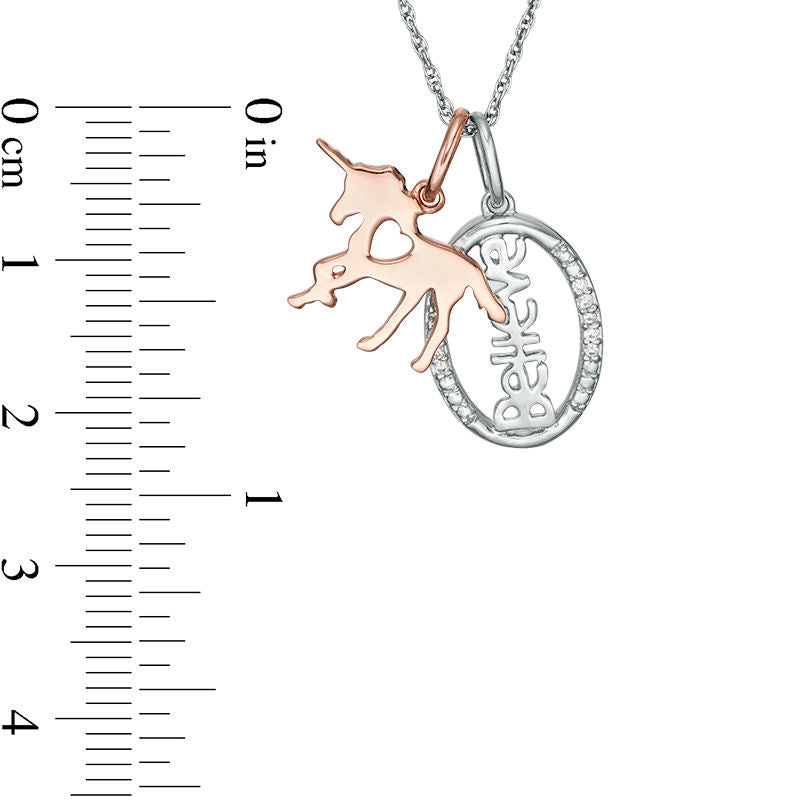 0.05 CT. T.W. Natural Diamond Unicorn and Oval "Believe" Charms Pendant in Sterling Silver and 10K Rose Gold Plate