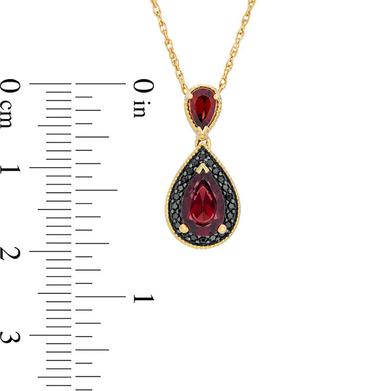 Pear-Shaped Garnet and 0.1 CT. T.W. Enhanced Black Natural Diamond Frame Antique Vintage-Style Drop Pendant in 10K Yellow Gold