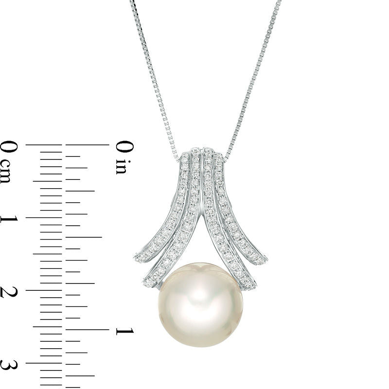 9.0 - 12.0mm Golden Cream South Sea Pearl and 0.33 CT. T.W. Natural Diamond Double Chevron Pendant in 18K White Gold