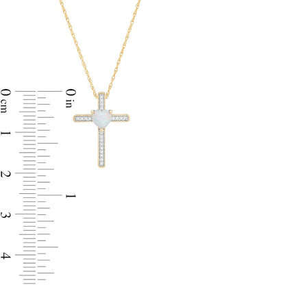 5.0mm Heart-Shaped Lab-Created Opal and 0.05 CT. T.W. Diamond Antique Vintage-Style Cross Pendant in 10K Yellow Gold