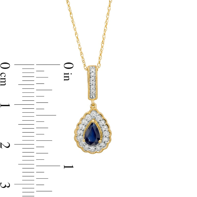 Pear-Shaped Blue Sapphire and 0.17 CT. T.W. Natural Diamond Scallop Frame Antique Vintage-Style Pendant in 10K Yellow Gold