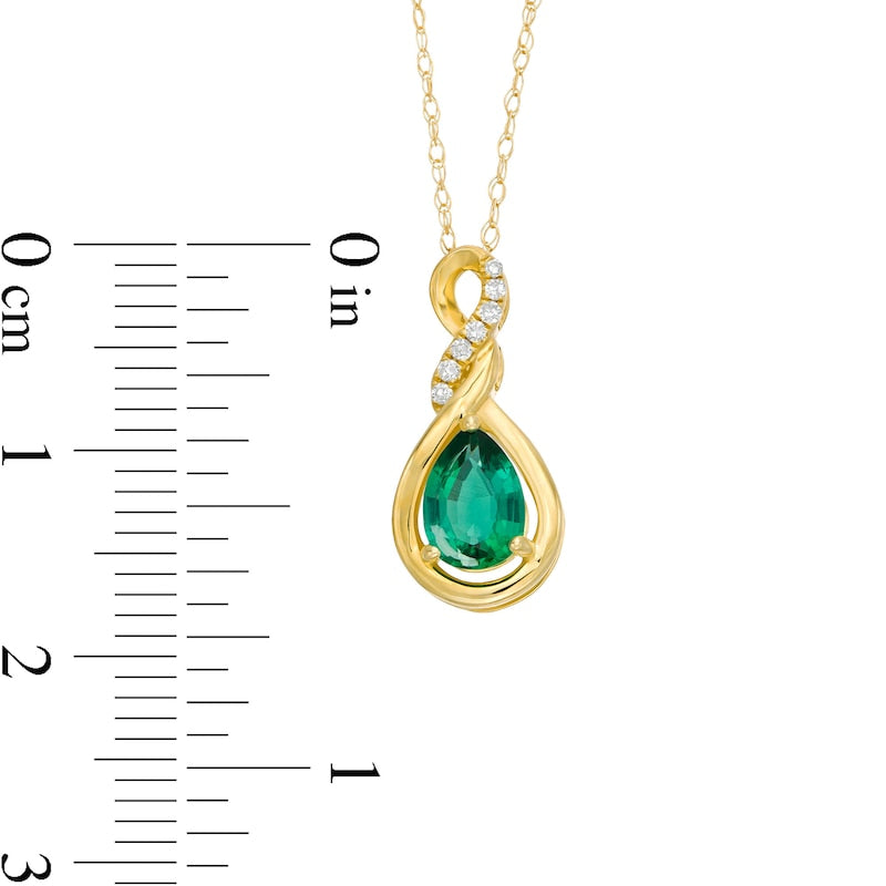 Pear-Shaped Lab-Created Emerald and Diamond Accent Cascading Teardrop Pendant in 10K Yellow Gold