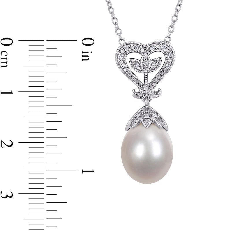 10.0-10.5mm Cultured Freshwater Pearl and 0.05 CT. T.W. Natural Diamond Antique Vintage-Style Heart-Top Pendant in Sterling Silver