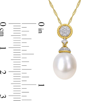 10.0-10.5mm Baroque Cultured Freshwater Pearl and 0.17 CT. T.W. Natural Diamond Rope Drop Pendant in 14K Gold - 17.5"