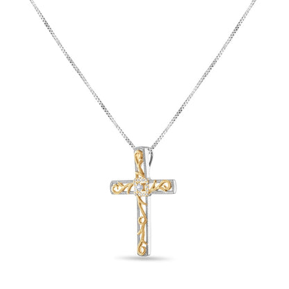 0.1 CT. T.W. Natural Diamond Ornate Cross Pendant in 10K Two-Tone Gold