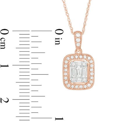 0.33 CT. T.W. Baguette and Round Natural Diamond Cushion Frame Antique Vintage-Style Pendant in 10K Rose Gold