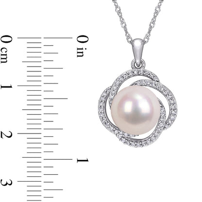10.0-10.5mm Cultured Freshwater Pearl and 0.25 CT. T.W. Natural Diamond Love Knot Pendant in 14K White Gold - 17"