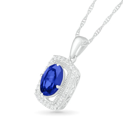 Oval Blue and White Lab-Created Sapphire Open Cushion Frame Antique Vintage-Style Pendant in Sterling Silver