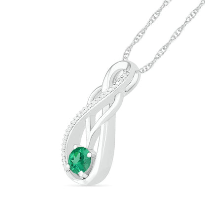 5.0mm Lab-Created Emerald and 0.05 CT. T.W. Diamond Braid Infinity Pendant in Sterling Silver