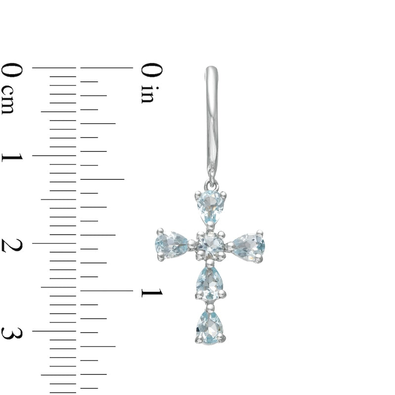 Pear-Shaped and Round Aquamarine Cross Drop Earrings in Sterling Silver