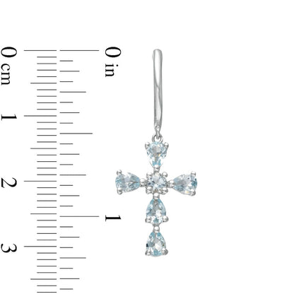 Pear-Shaped and Round Aquamarine Cross Drop Earrings in Sterling Silver