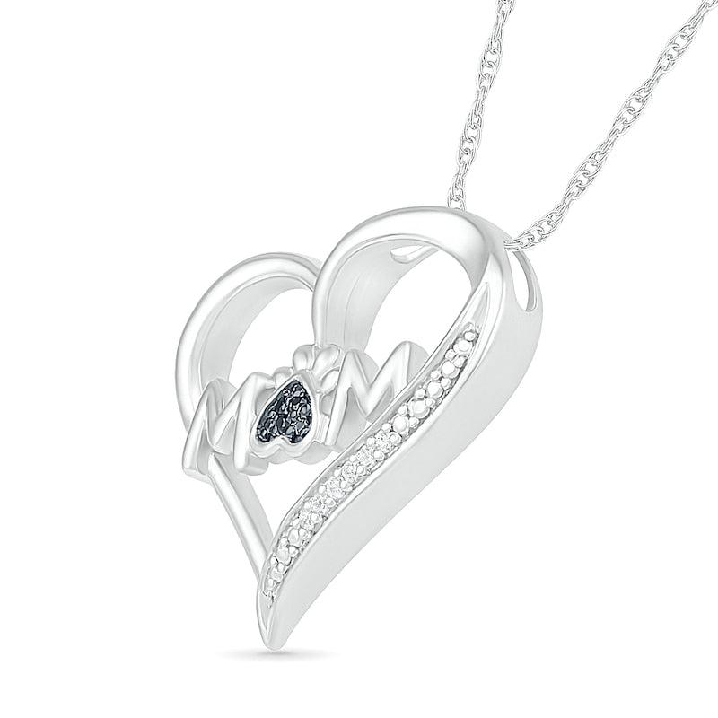 0.05 CT. T.W. Black Enhanced and White Natural Diamond Tilted Heart "MOM" Pendant in Sterling Silver
