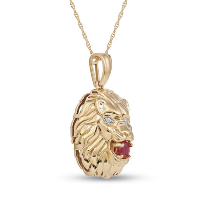 Men's 4.0mm Ruby and Natural Diamond Accent Lion Head Pendant in 10K Yellow Gold - 22"