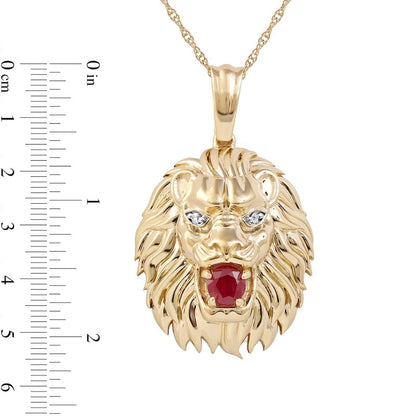 Men's 4.0mm Ruby and Natural Diamond Accent Lion Head Pendant in 10K Yellow Gold - 22"