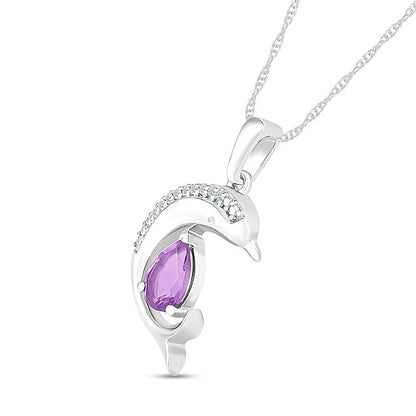 Pear-Shaped Amethyst and Natural Diamond Accent Beaded Dolphin Pendant in Sterling Silver