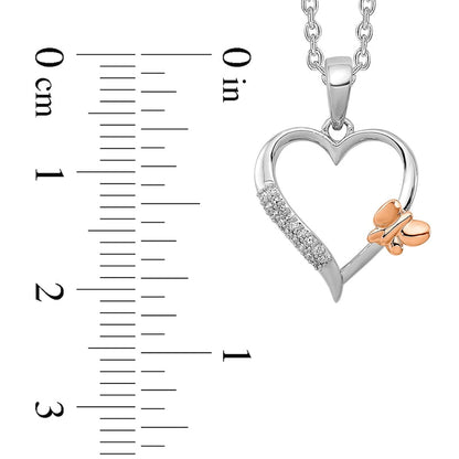 0.05 CT. T.W. Natural Diamond Double Row with Offset Butterfly Loop Heart Pendant in Sterling Silver and 14K Rose Gold