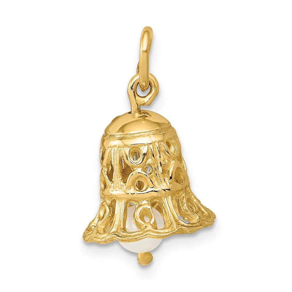 14k Yellow Gold 3D Wedding Bell w/ Fresh Water Cultured Pearl Charm