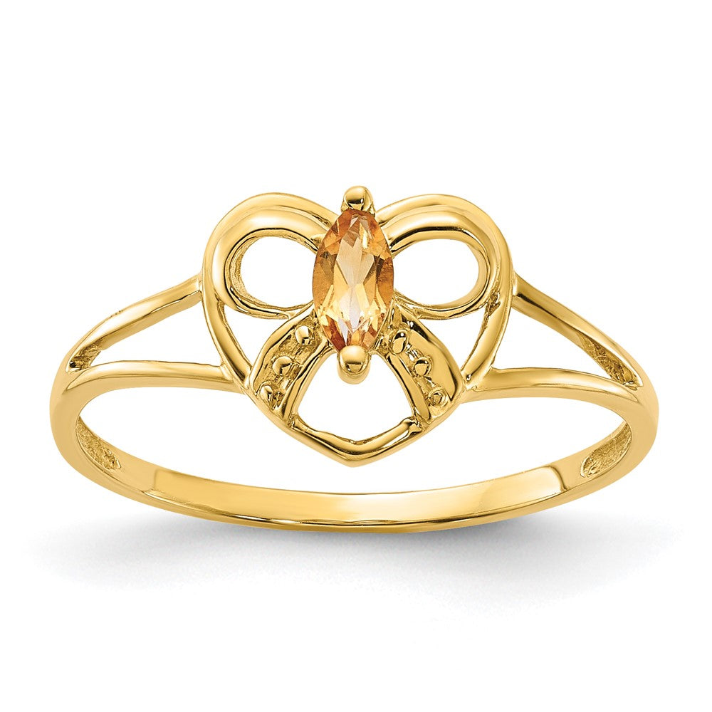 14k Yellow Gold Citrine Birthstone Bow Heart Ring
