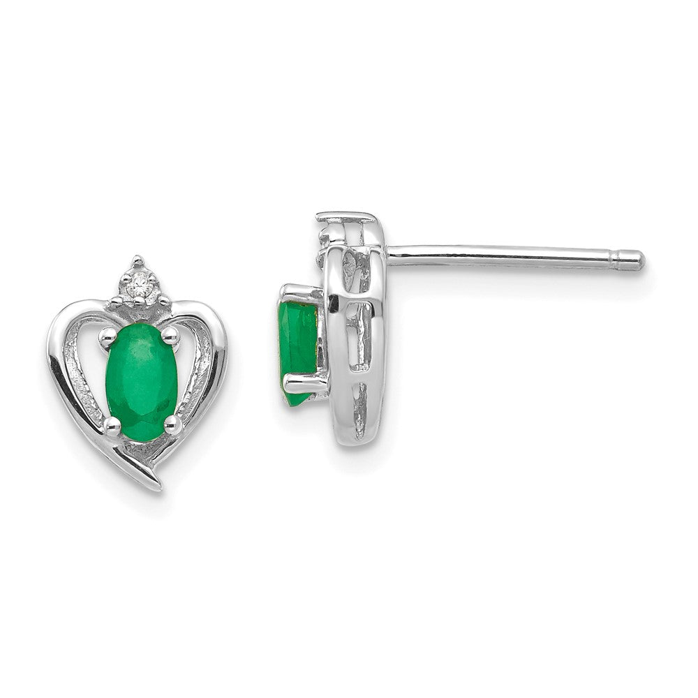 14k White Gold Emerald and Diamond Heart Post Earrings