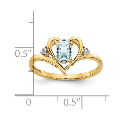 14K Yellow Gold Aquamarine and Real Diamond Heart Ring