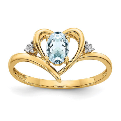 14K Yellow Gold Aquamarine and Real Diamond Heart Ring