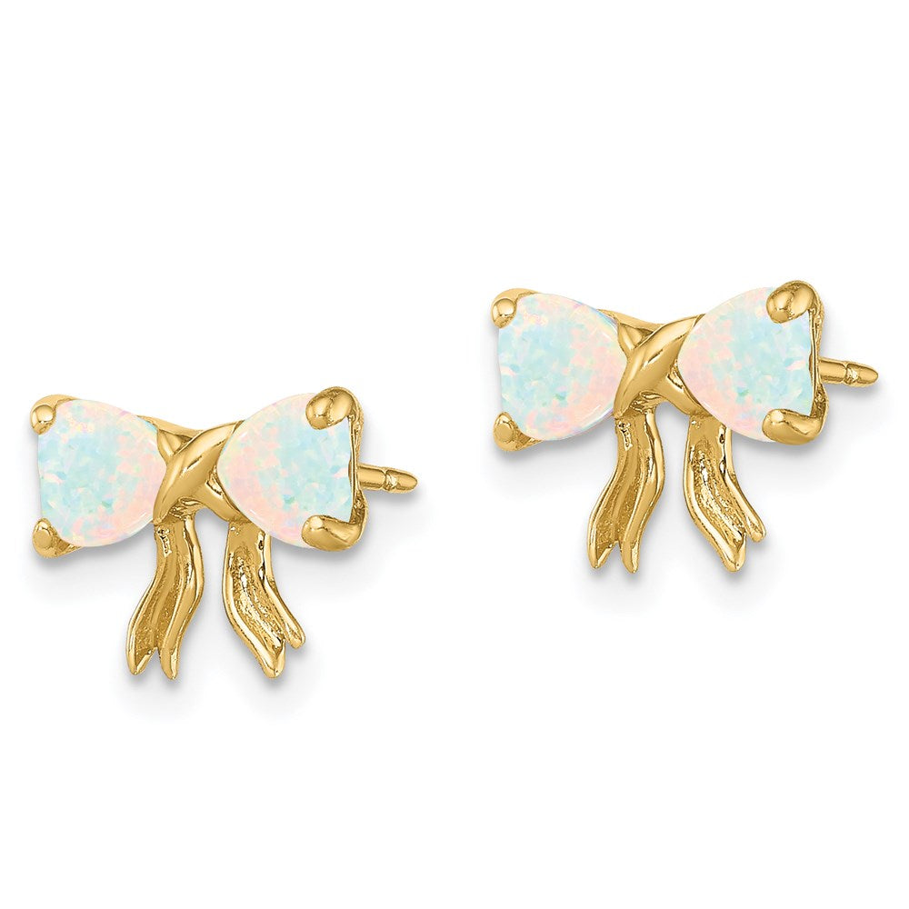 14k Gold Polished Created Opal Bow Post Earrings