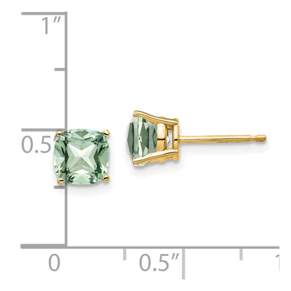 14k Yellow Gold 6mm Cushion Green Quartz Earring