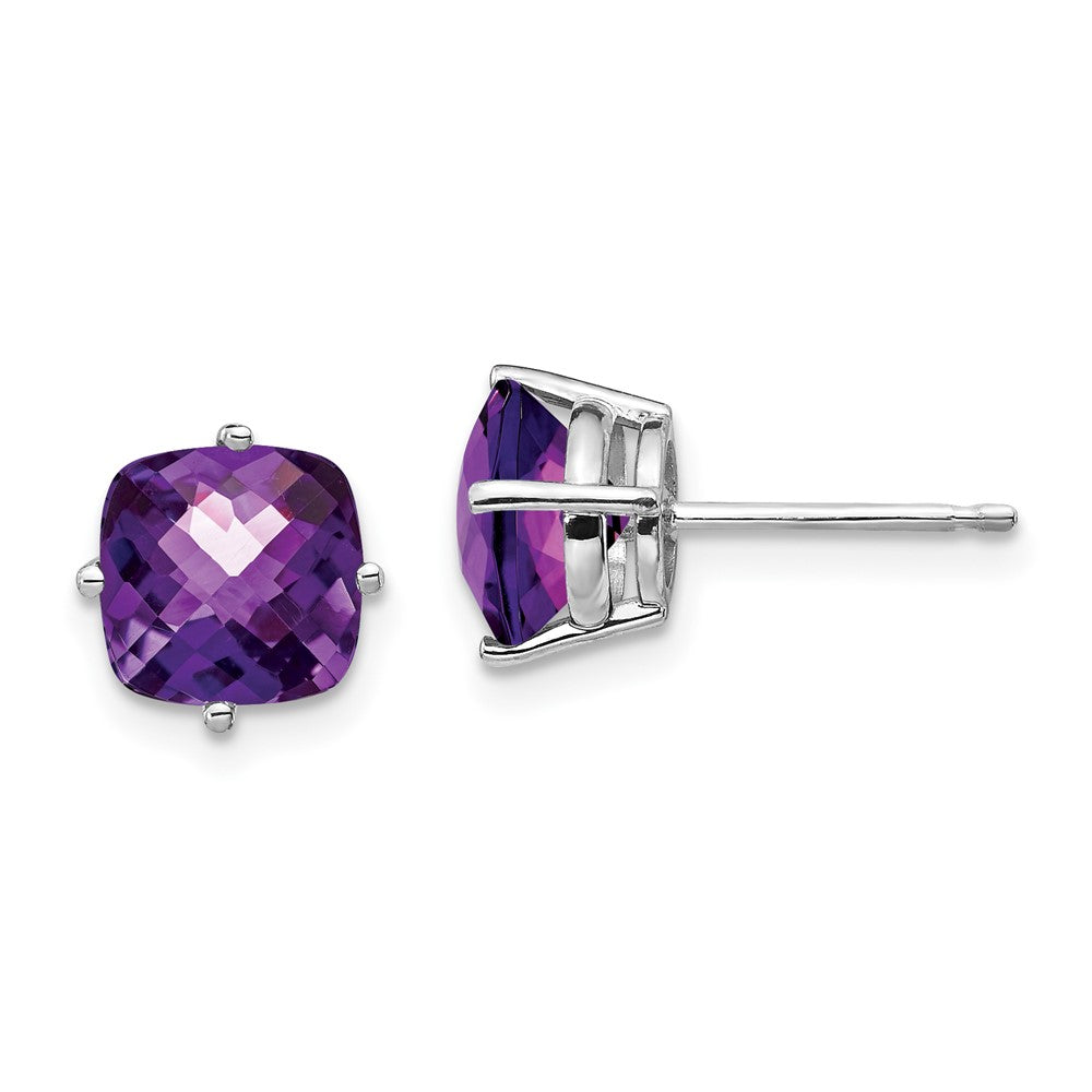 14k White Gold 7x7mm Cushion Amethyst Checker Earring