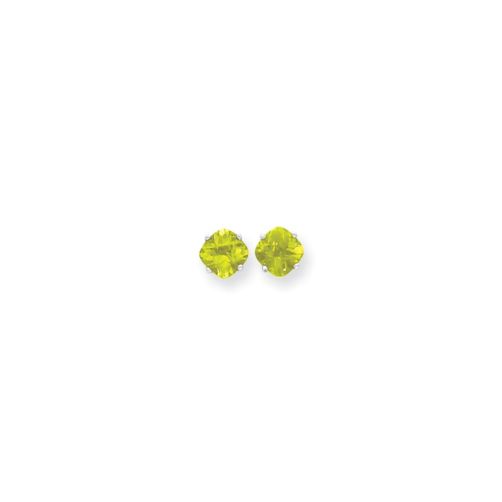 14k White Gold 7x7mm Cushion Peridot Checker Earrings