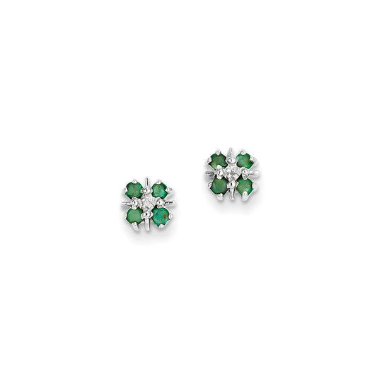 14k White Gold Emerald u0026 Real Diamond Post Earrings