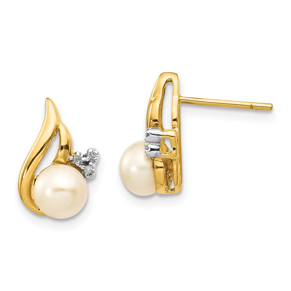 14k Yellow Gold and Rhodium 5-6mm Button FWC Pearl .02ct Real Diamond Post Earrings