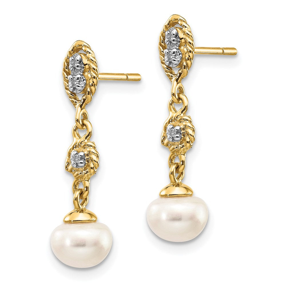 14k Yellow Gold w/Rhodium 6-7mm Semi-round FWC Pearl .02ct Real Diamond Earrings