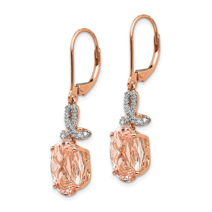 14k Rose Gold Real Diamond and Morganite Oval Leverback Dangle Earrings