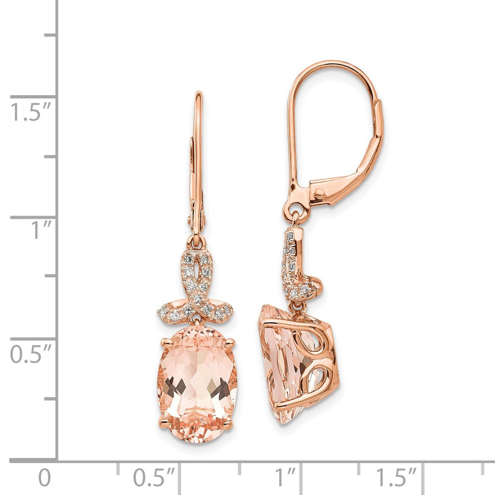 14k Rose Gold Real Diamond and Morganite Oval Leverback Dangle Earrings