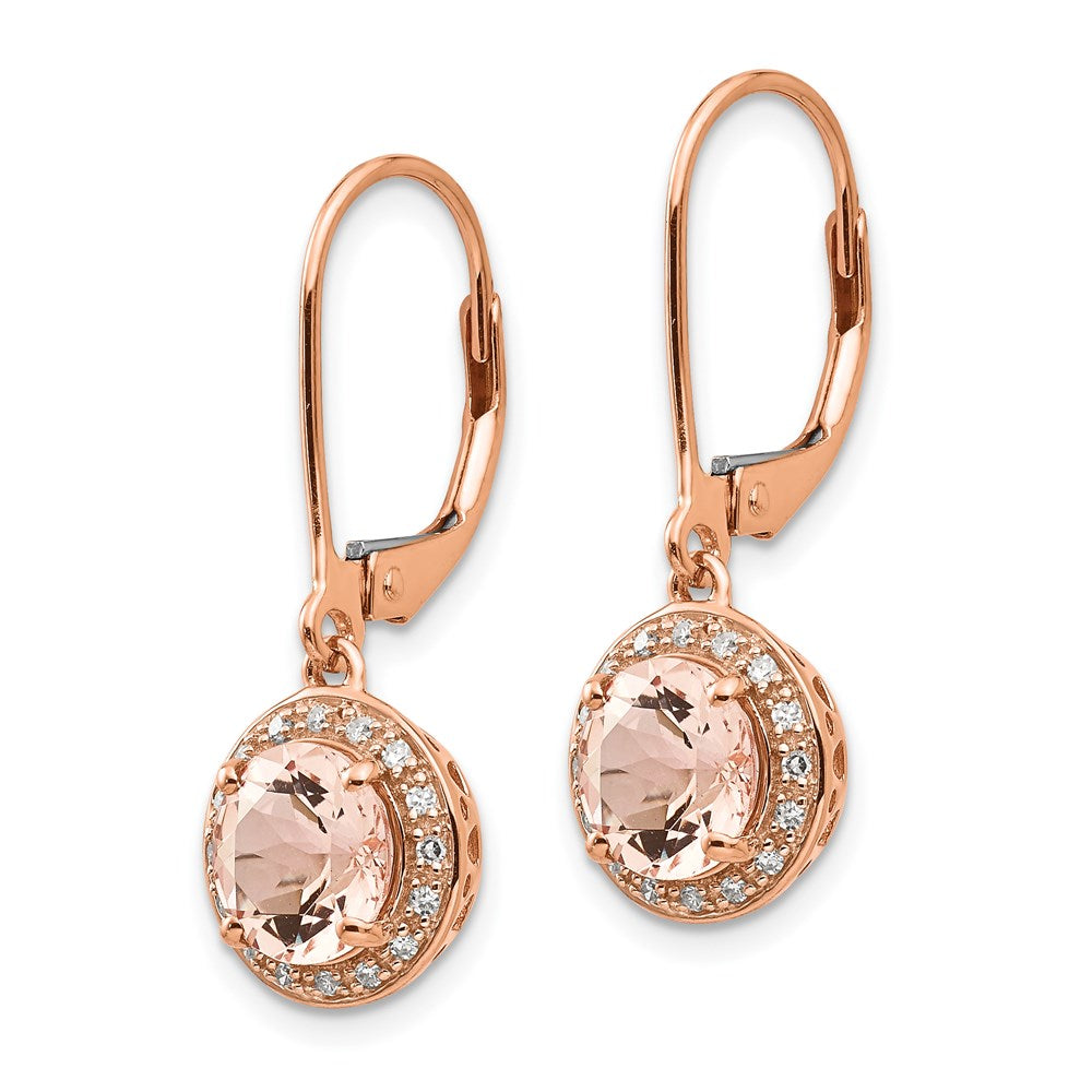 14k Rose Gold Real Diamond and Morganite Round Leverback Dangle Earrings