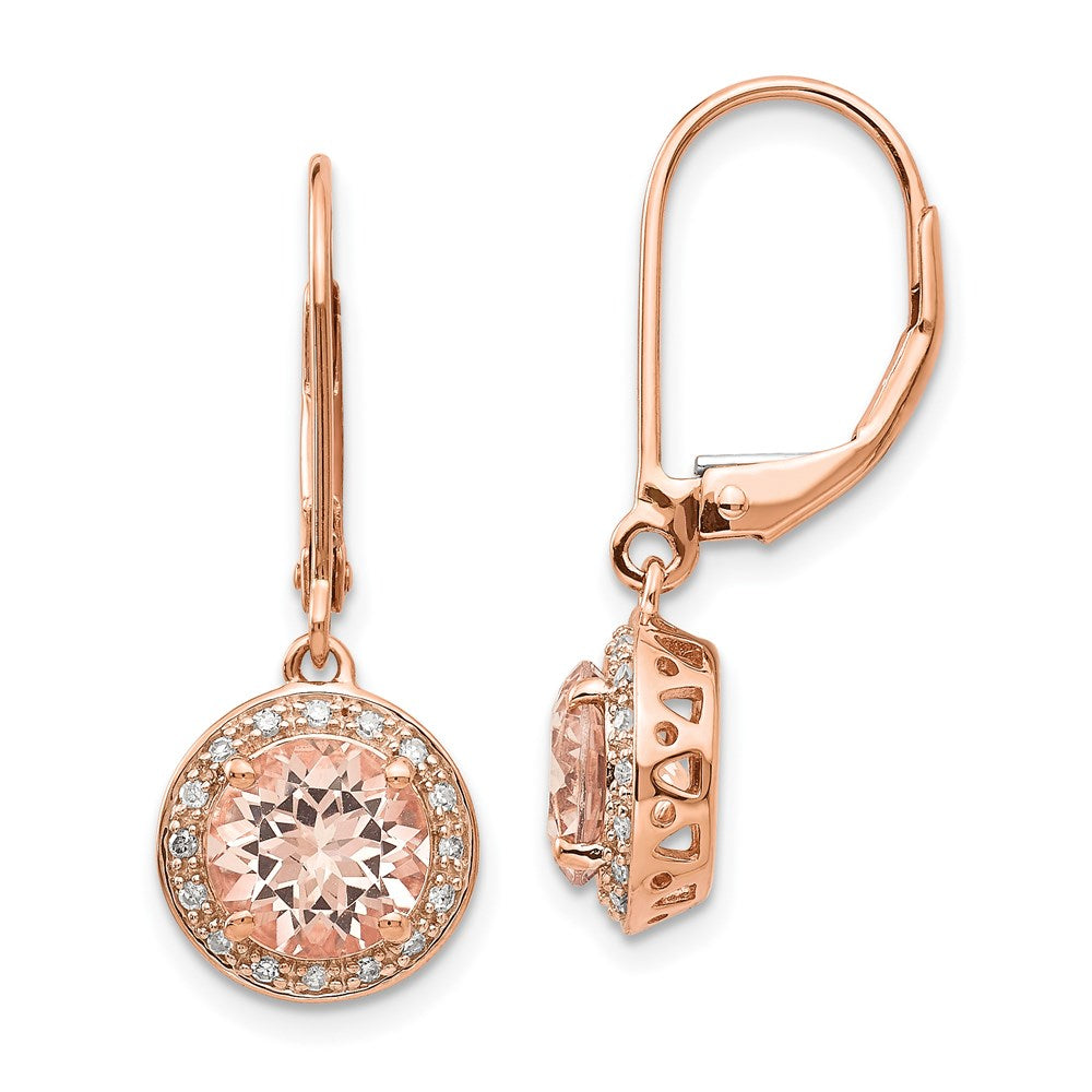 14k Rose Gold Real Diamond and Morganite Round Leverback Dangle Earrings