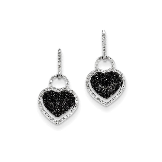 14k White Gold White and Black Real Diamond Heart Dangle Post Earrings