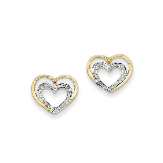 14k Yellow Gold Real Diamond Double Heart Post Earrings