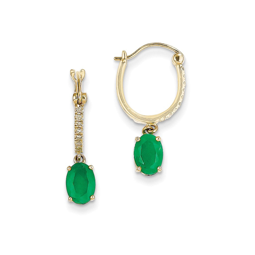14k Yellow Gold 1/10ct Real Diamond u0026 Emerald Dangle Hoop Earrings