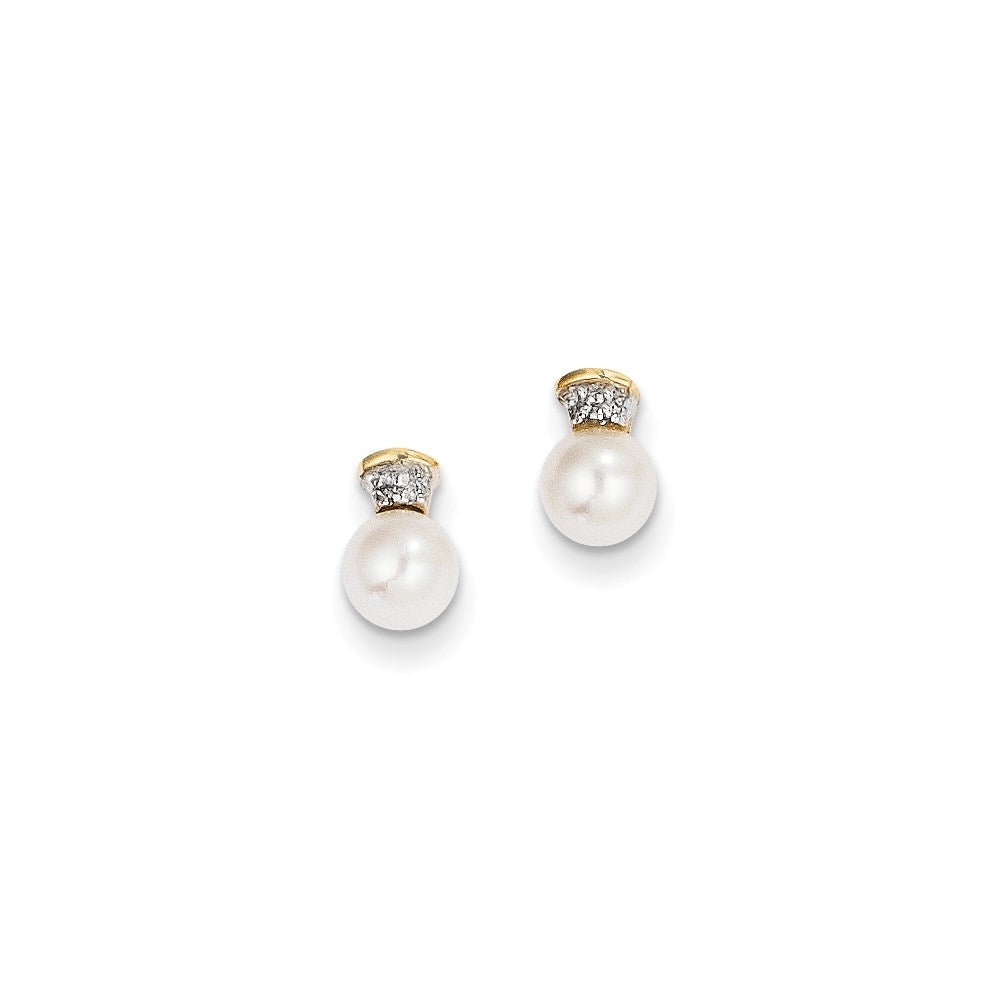 14k Yellow Gold Real Diamond u0026 5-6m Round FW Cultured Pearl Post Earrings
