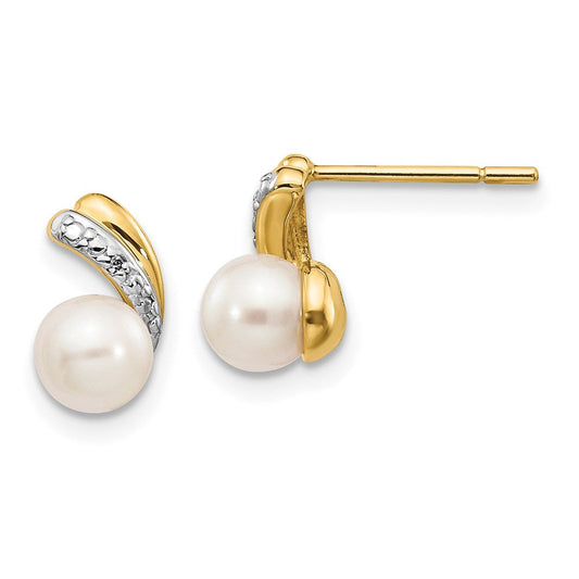 14k Yellow Gold 5-6mm White Round FWC Pearl .01ct Real Diamond Post Earrings