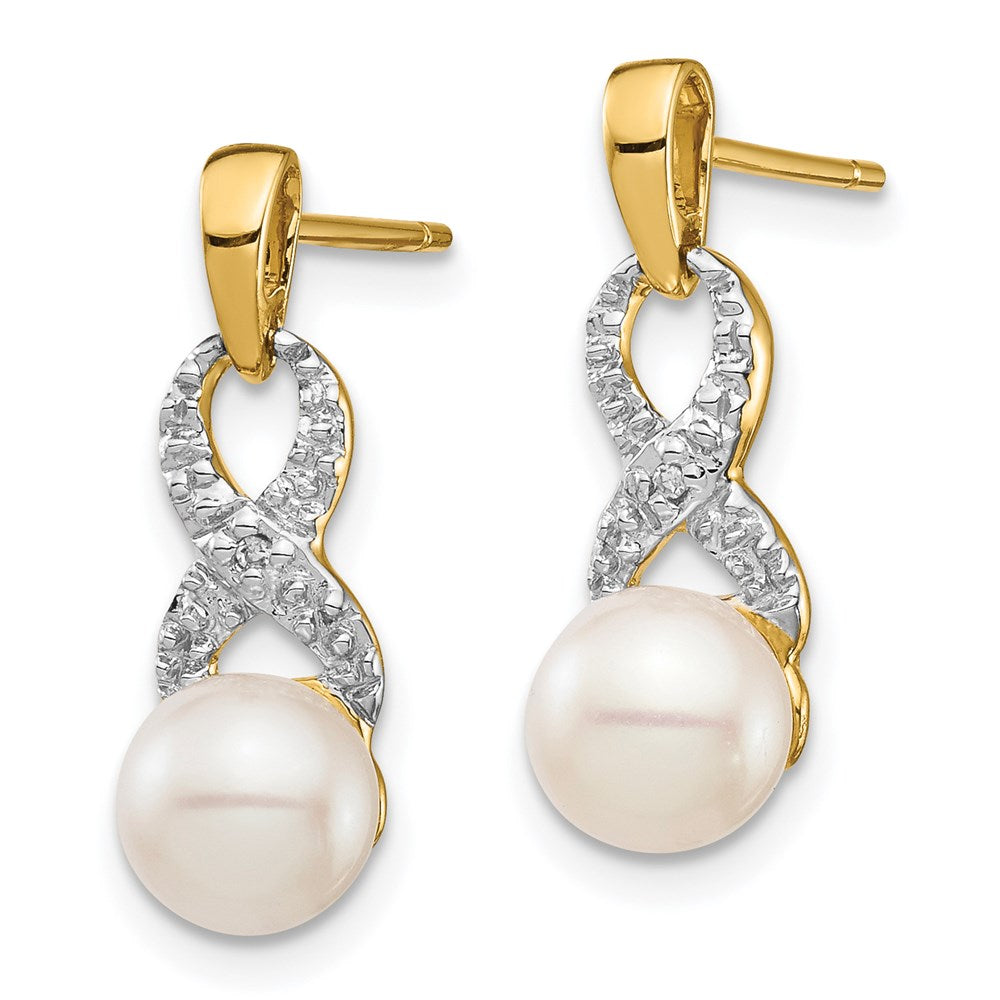 14k Yellow Gold 6-7mm White Round FWC Pearl .01 Real Diamond Dangle Earrings