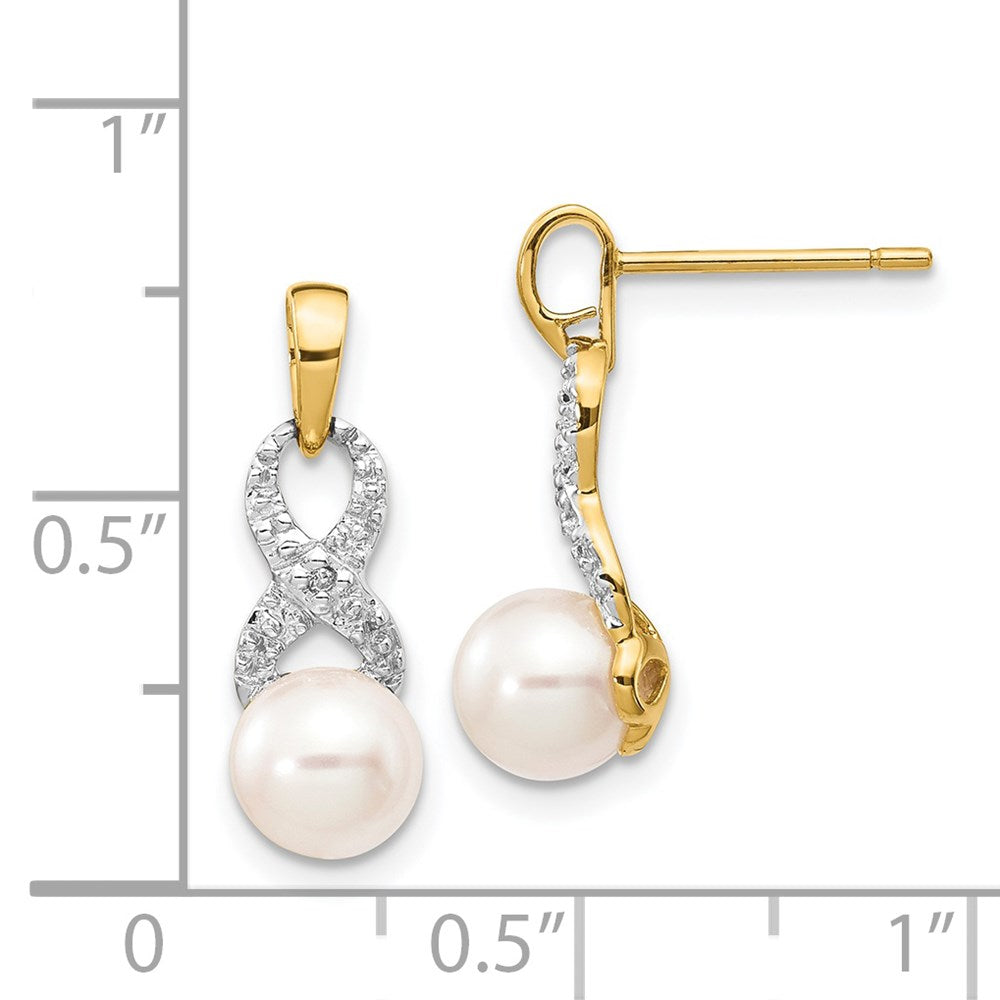 14k Yellow Gold 6-7mm White Round FWC Pearl .01 Real Diamond Dangle Earrings