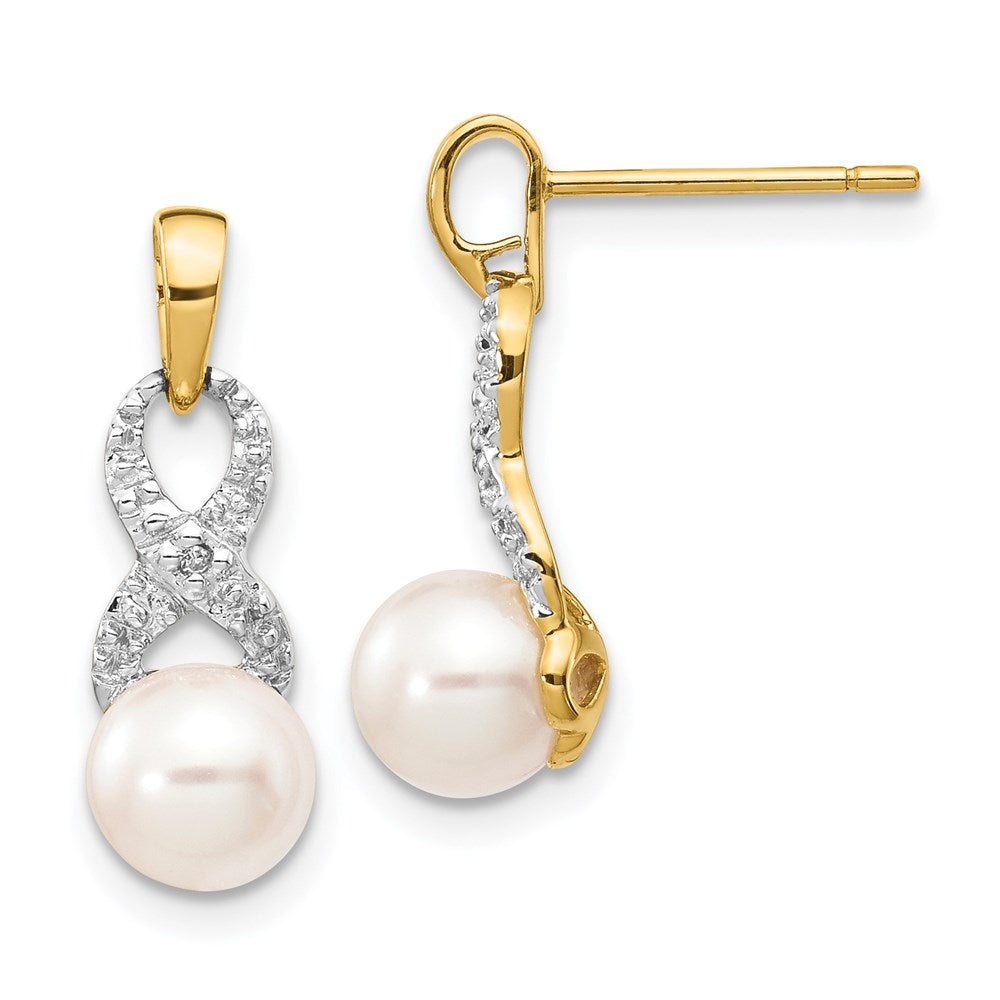 14k Yellow Gold 6-7mm White Round FWC Pearl .01 Real Diamond Dangle Earrings