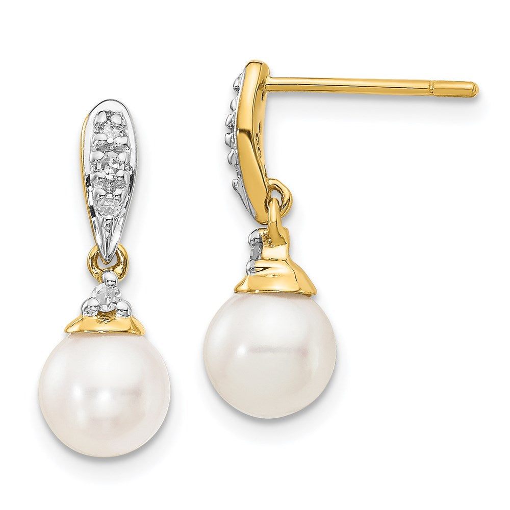 14k Yellow Gold 6-7mm White Round FWC Pearl .08ct Real Diamond Dangle Earrings