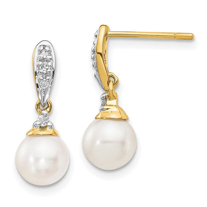 14k Yellow Gold 6-7mm White Round FWC Pearl .08ct Real Diamond Dangle Earrings