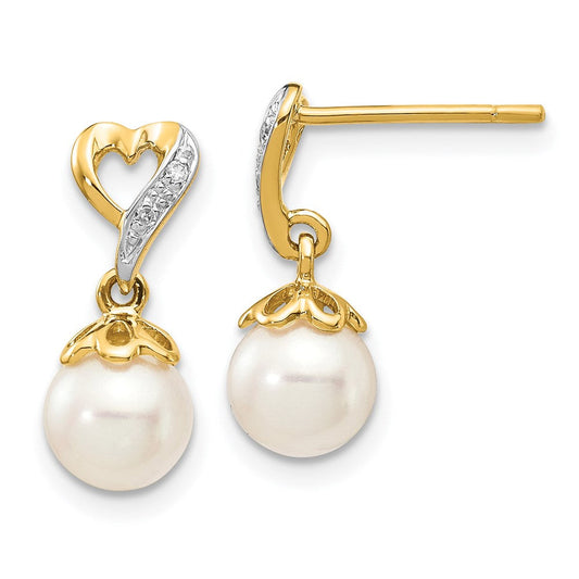 14k Yellow Gold 6-7mm Round FWC Pearl .01ct Heart Real Diamond Dangle Earrings
