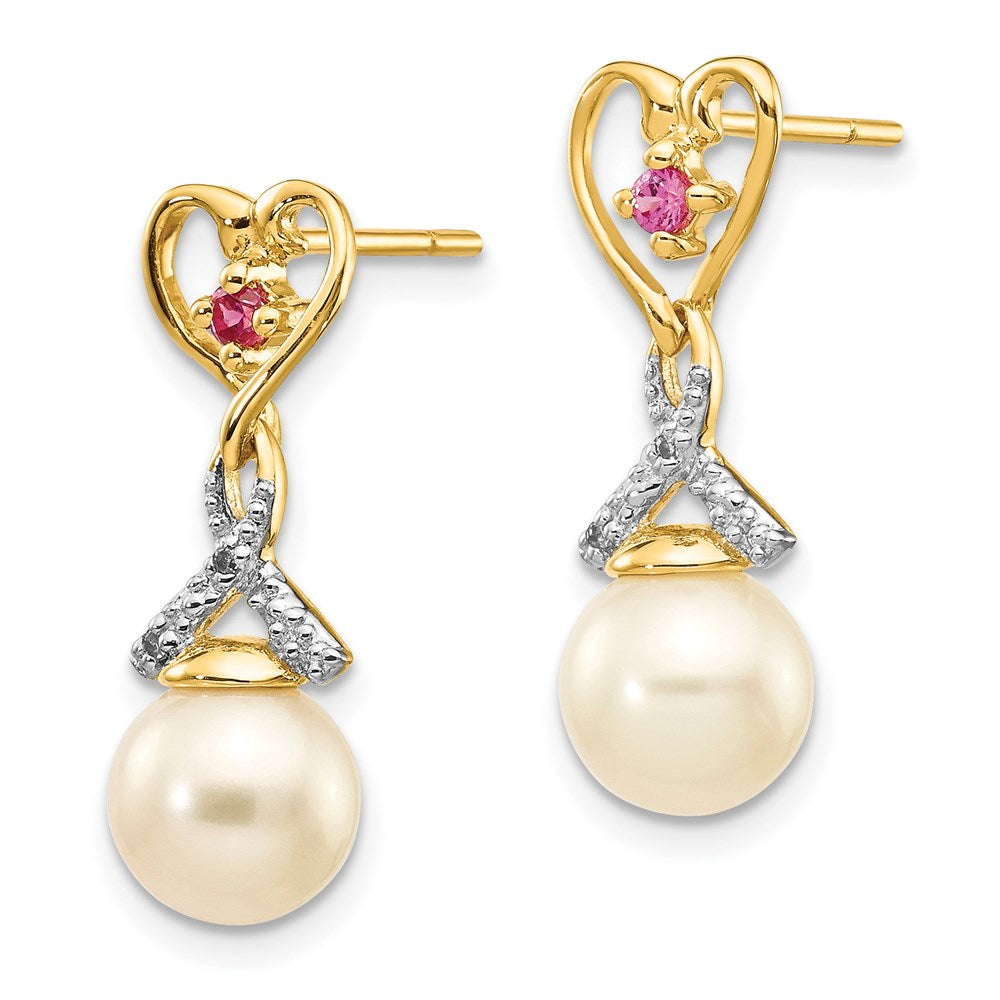 14k Yellow Gold 7-8mm FWC Pearl Created Ruby Real Diamond Heart Dangle Earrings
